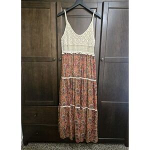 Taylor Womens M Crochet Cotton Bodice Maxi Dress Hippie Boho Tiered Floral Flowy